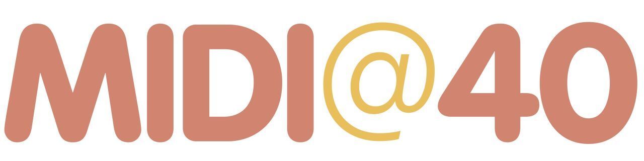 The image shows the text MIDI@40 in bold, rounded letters. MIDI and 40 are in a reddish-brown color, while the @ symbol is in gold.