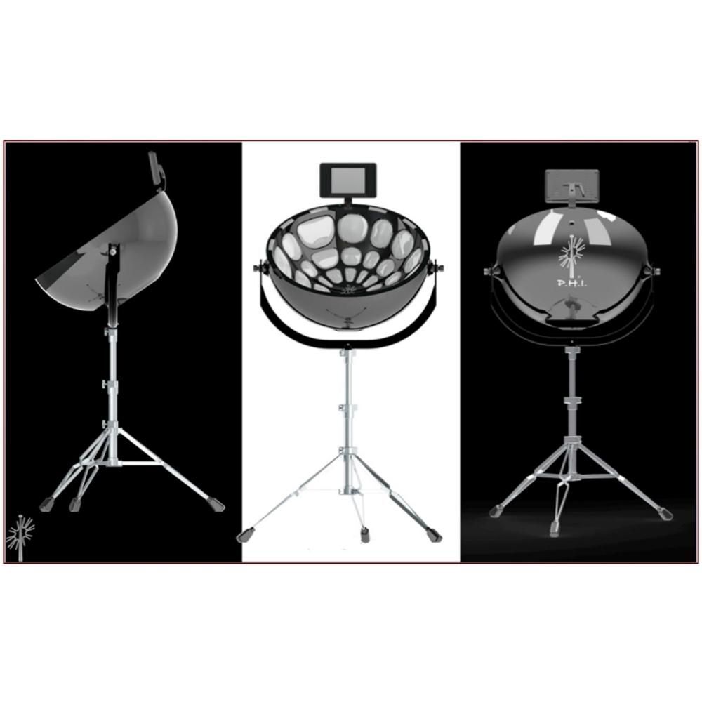 Three views of a metallic, dome-shaped professional hair steamer on a tripod stand, shown from the side, above, and front, with a small rectangular control screen attached.