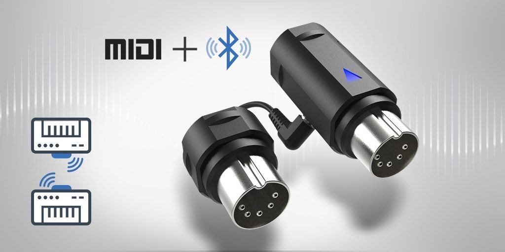 Two black MIDI-to-Bluetooth adapters with five-pin connectors are shown, connected by a short cable. MIDI and Bluetooth logos appear above, with icons of keyboards wirelessly communicating below.