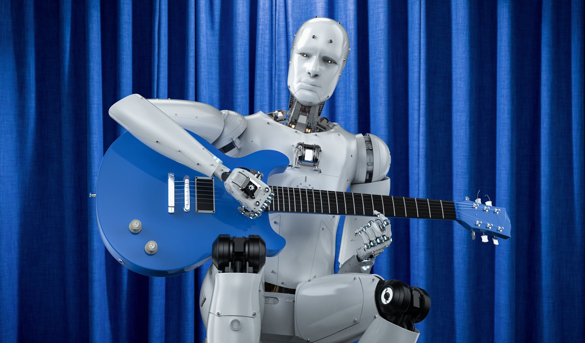 A humanoid robot sits in front of blue curtains, playing a blue electric guitar. The robot appears focused, with its hands positioned on the strings and frets of the guitar.