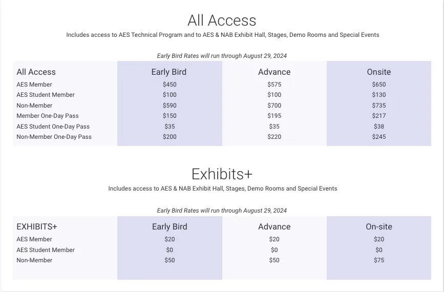 Pricing for AES Tickets
