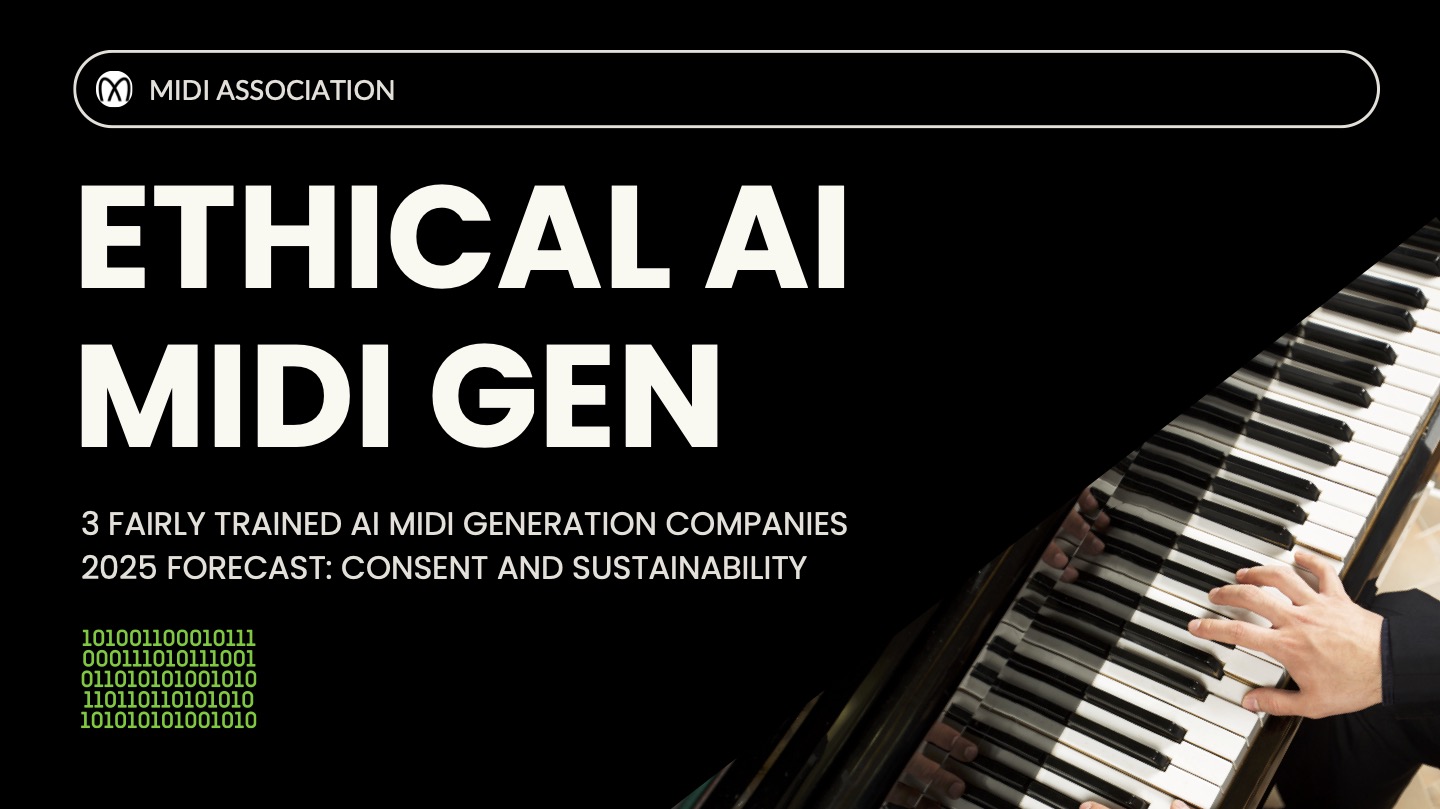 Presentation slide titled Ethical AI MIDI Gen with a piano keyboard on the right. Subtitle: 3 fairly trained AI MIDI generation companies, 2025 forecast: consent and sustainability. Green binary code appears at the bottom left.