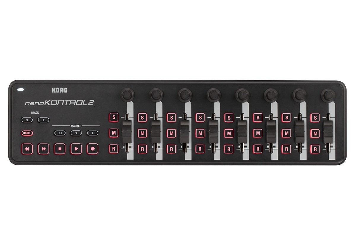 A black Korg nanoKONTROL2 MIDI controller with eight sliders, eight rotary knobs, and multiple buttons arranged in rows, used for music production and editing.
