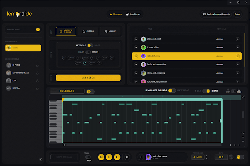 Screenshot of a music production software with a dark interface, showing a piano roll editor at the bottom, a song list on the right, controls at the top, and melody generation options on the left.