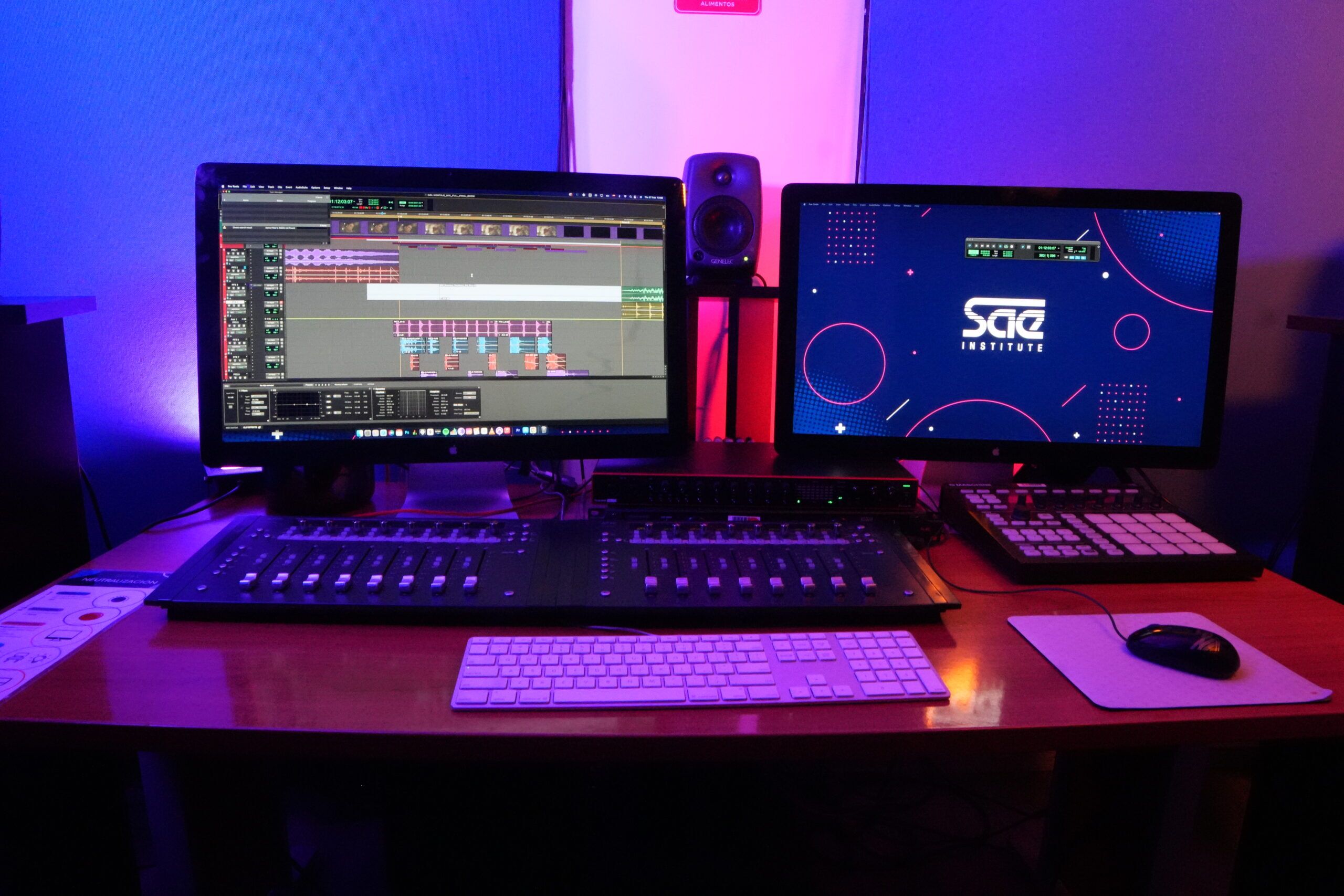 A picture of the SAE Mexico Studios with several DAW Controllers ana MI Maschin in the foreground and two computer dispplays. One of the displays has a DAW screen on and the other says SEA Institute.