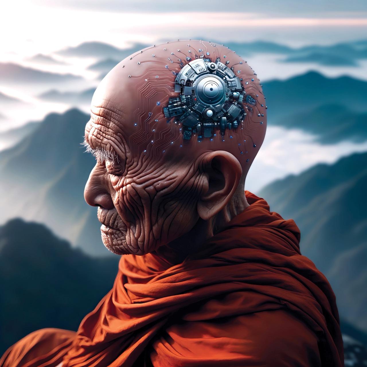 An AI generated image of a Tibetan Monk with an an AI implanted in his completely bald head. He has a deeply wrinkled face, a traditional red monk's robe. IN the background there are mountians clouded in mist.
