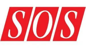 The image shows the letters SOS in white, each on a tilted red rectangle, with a bold, sans-serif font. The red background emphasizes the sense of urgency typically associated with SOS.