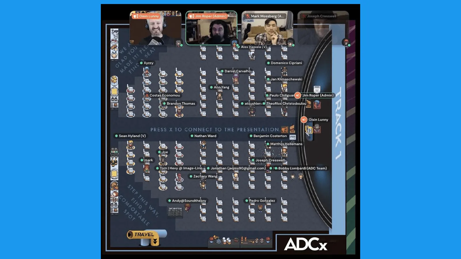 Screenshot of a virtual conference platform showing avatars at tables, video feeds of three speakers at the top, and a blue ADCx logo at the bottom right. Various user names and meeting areas are visible on the interface.