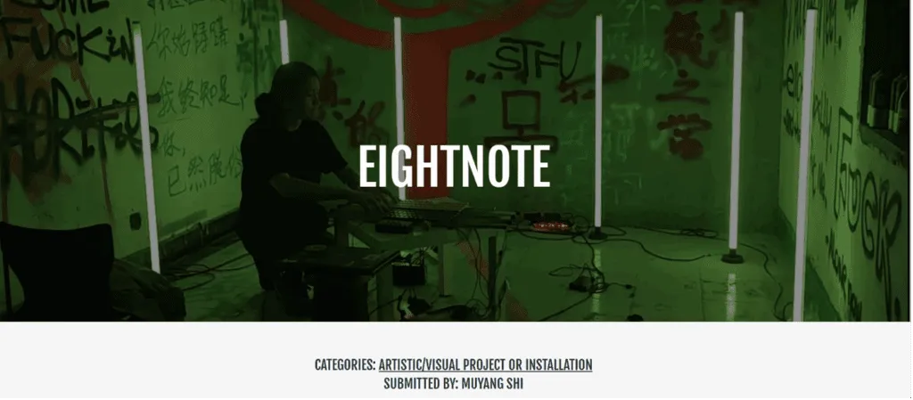 A person sits at a table with electronic equipment in a room lit by green lights, surrounded by graffiti-covered walls and vertical light tubes. Text overlay reads EIGHTNOTE.