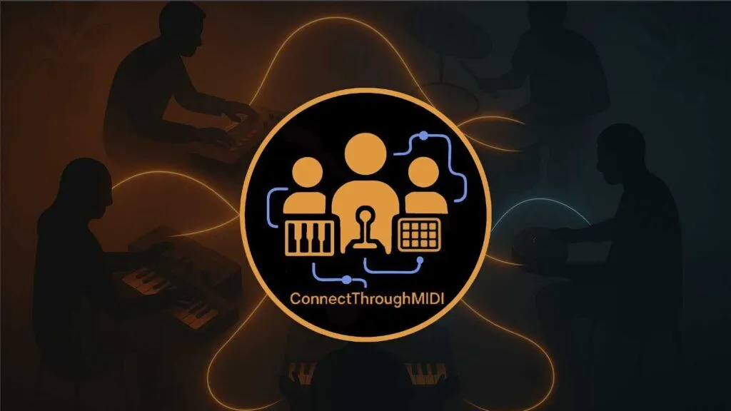 A circular logo with musical instrument icons and people, labeled ConnectThroughMIDI, is centered over a dark background with silhouettes of musicians playing keyboards, guitar, and drums, connected by glowing lines.