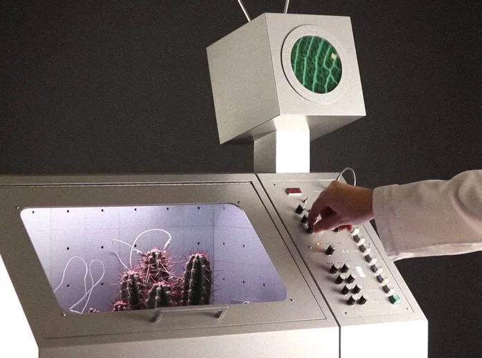 A person in a lab coat adjusts knobs on a futuristic control panel with a cactus inside a glass compartment and a monitor above displaying a green pattern.