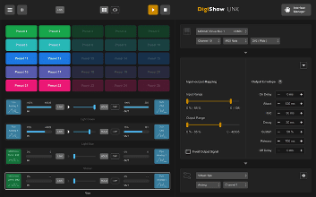 A digital audio control interface showing buttons for presets, sliders for volume and light adjustment, and various settings panels, including input/output, noise gate, and channel selection options.