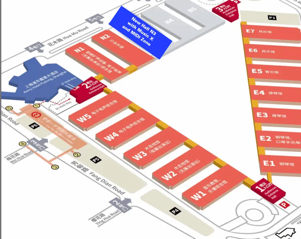 Map showing Halls W1–W5 and E1–E7 at a convention center, with entry points, parking areas, and major roads (Fang Dian Road, Hua Mu Road) labeled. Hall N2 is highlighted in blue as the “Wave Hall N2 With Hall N3 and MIDI Zone.”.