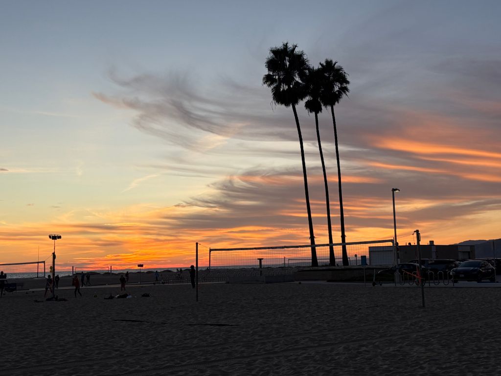 A beach at sunset with orange and purple clouds, three tall palm trees, volleyball nets, and a few people playing on the sand; parked cars and buildings are visible in the background.
