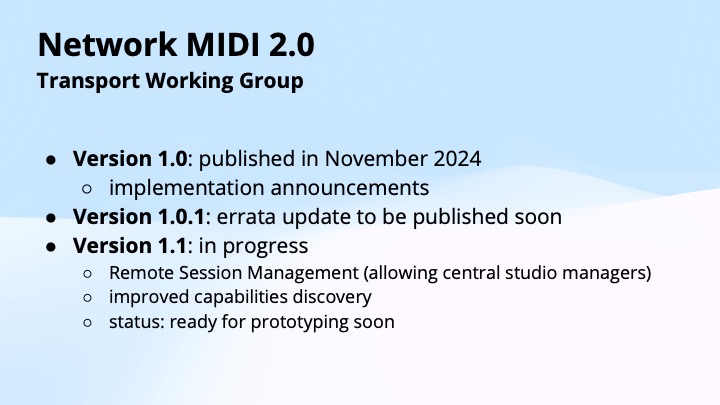Presentation slide titled Network MIDI 2.0 Transport Working Group lists the release status of versions 1.0 (published Nov 2024), 1.0.1 (errata update coming), and 1.1 (in progress with new features and prototyping).