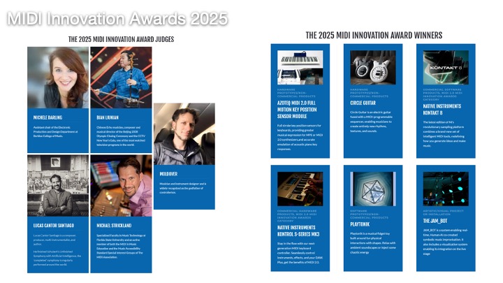 A graphic displays the 2025 MIDI Innovation Awards. The left side shows judges photos and bios; the right lists award winners with images of winning products like a guitar, keyboard, and cube-shaped device.
