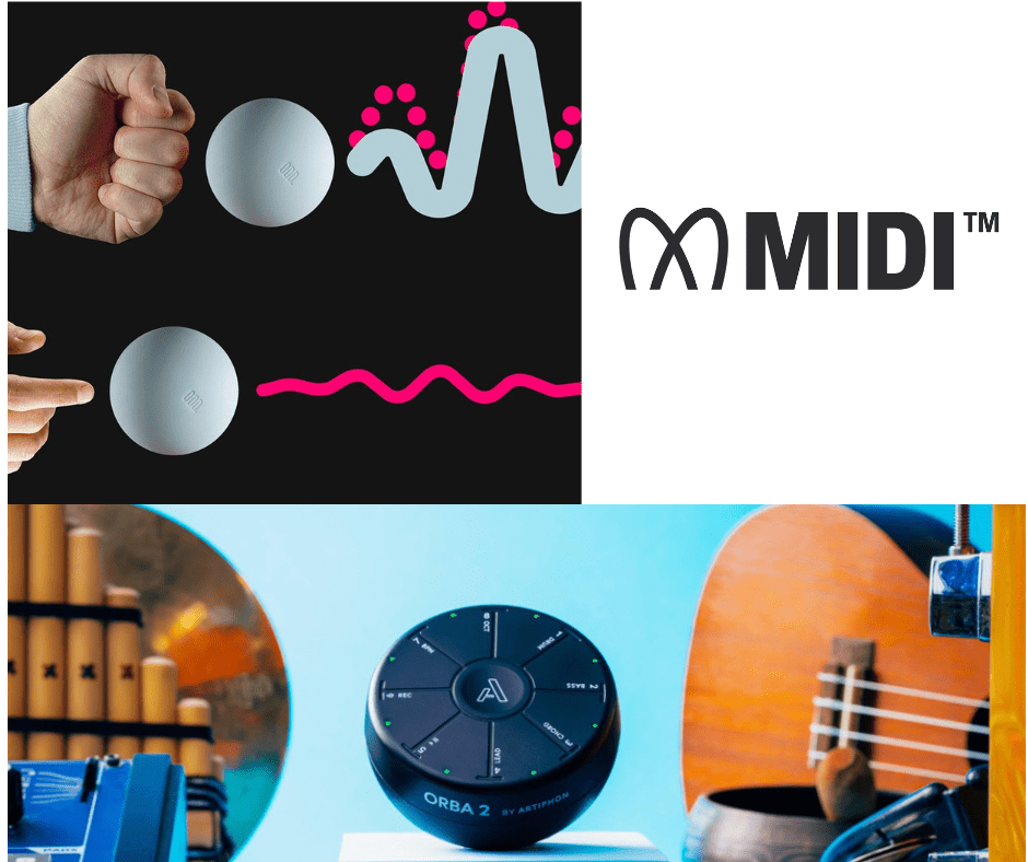 A collage shows hands using a round MIDI music controller, the MIDI logo, and an Orba 2 MIDI device placed between stringed and wind instruments. Colorful sound wave graphics appear behind the controllers.
