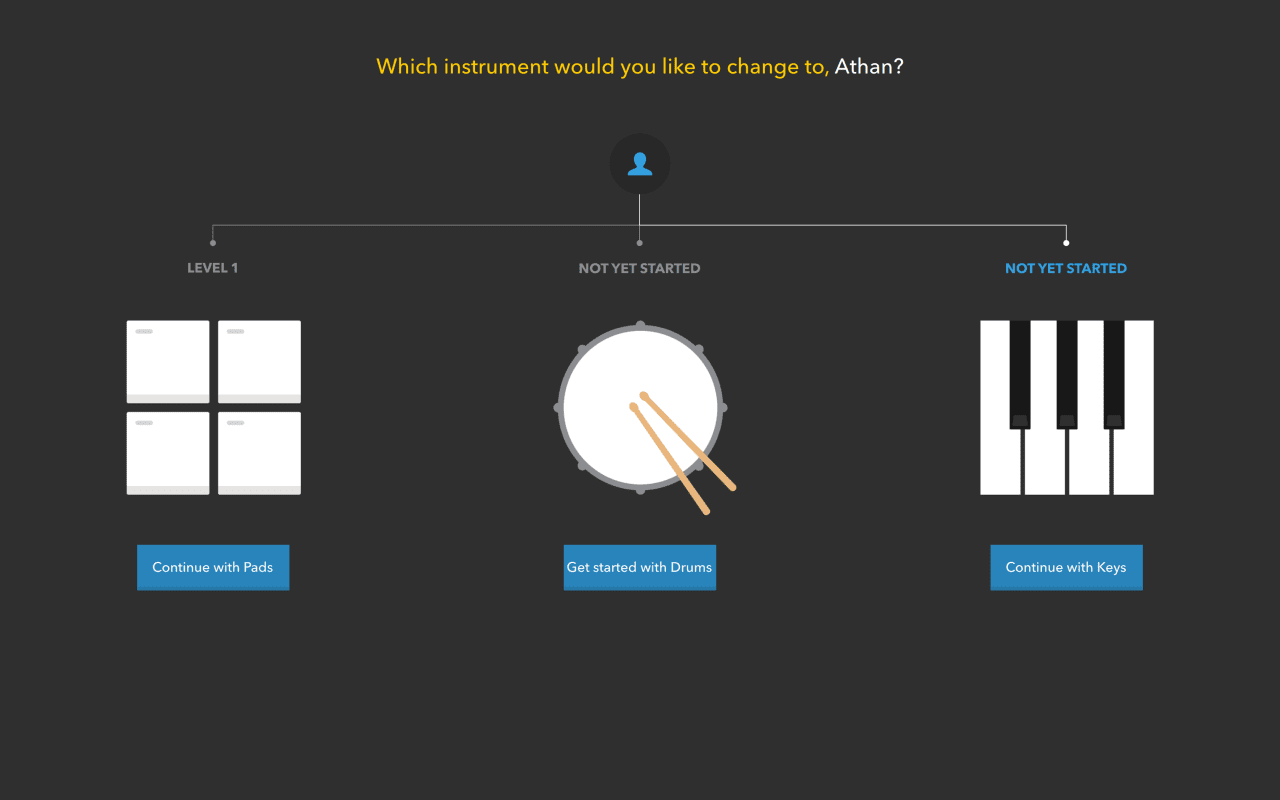 A dark interface displays three instrument options: pads on the left, drums in the center, and keys on the right. Each has a blue button below—“Continue with Pads,” “Get started with Drums,” and “Continue with Keys.”.