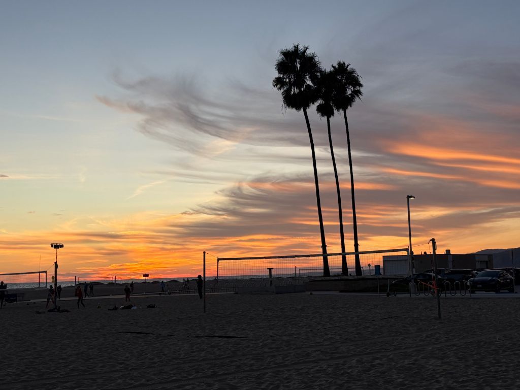 A beach at sunset with orange and purple clouds, three tall palm trees, volleyball nets, and a few people playing on the sand; parked cars and buildings are visible in the background.