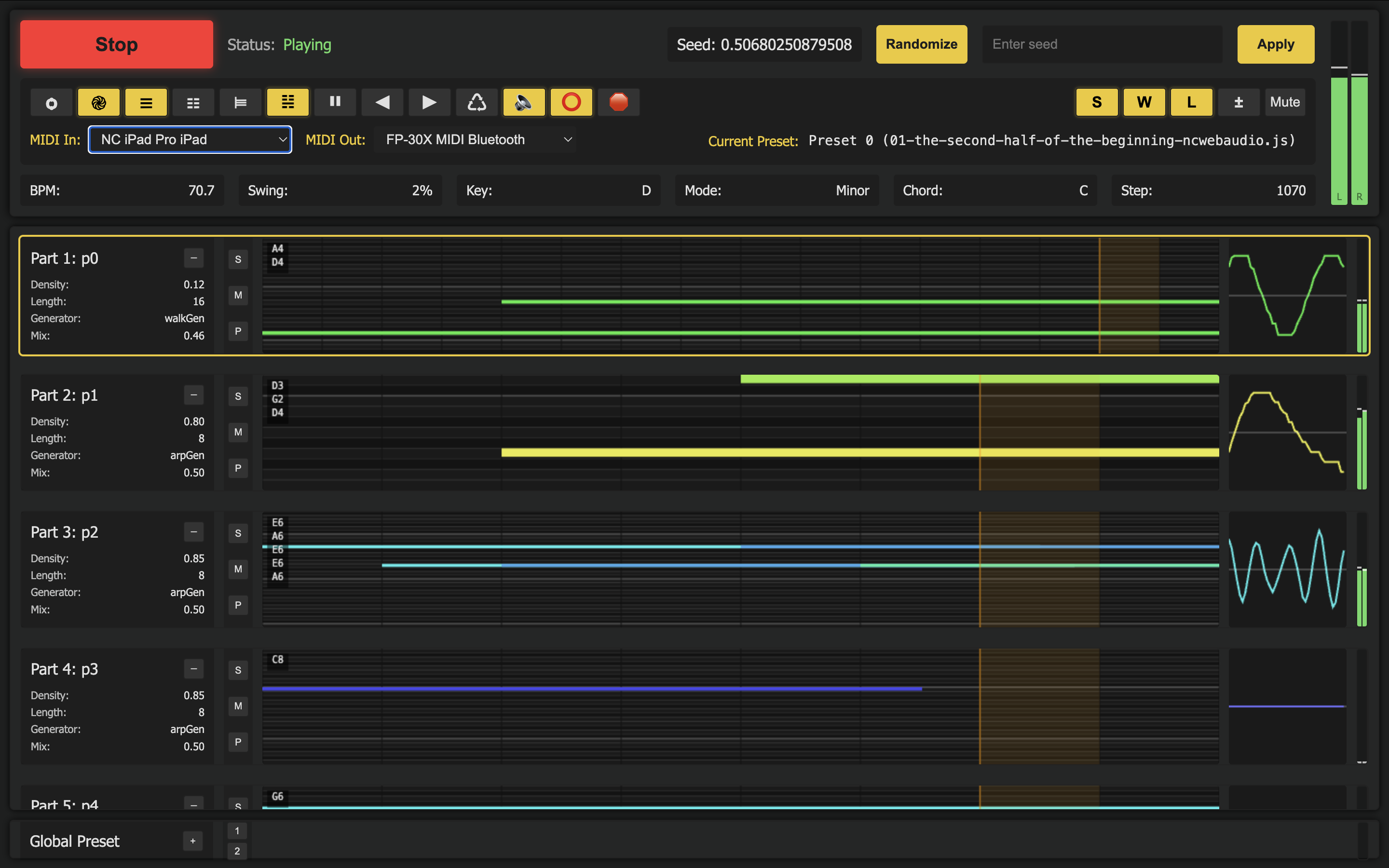 A digital music interface displays multiple horizontal tracks with colored lines, waveform previews, and controls for playback, MIDI input, tempo, and preset settings. The interface has black and yellow accents.