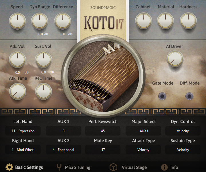 A digital interface for the Koto17 virtual instrument, featuring control knobs for speed, dynamics, attack, and audio settings, a circular image of a koto string instrument, and several labeled buttons and selectors for sound customization.