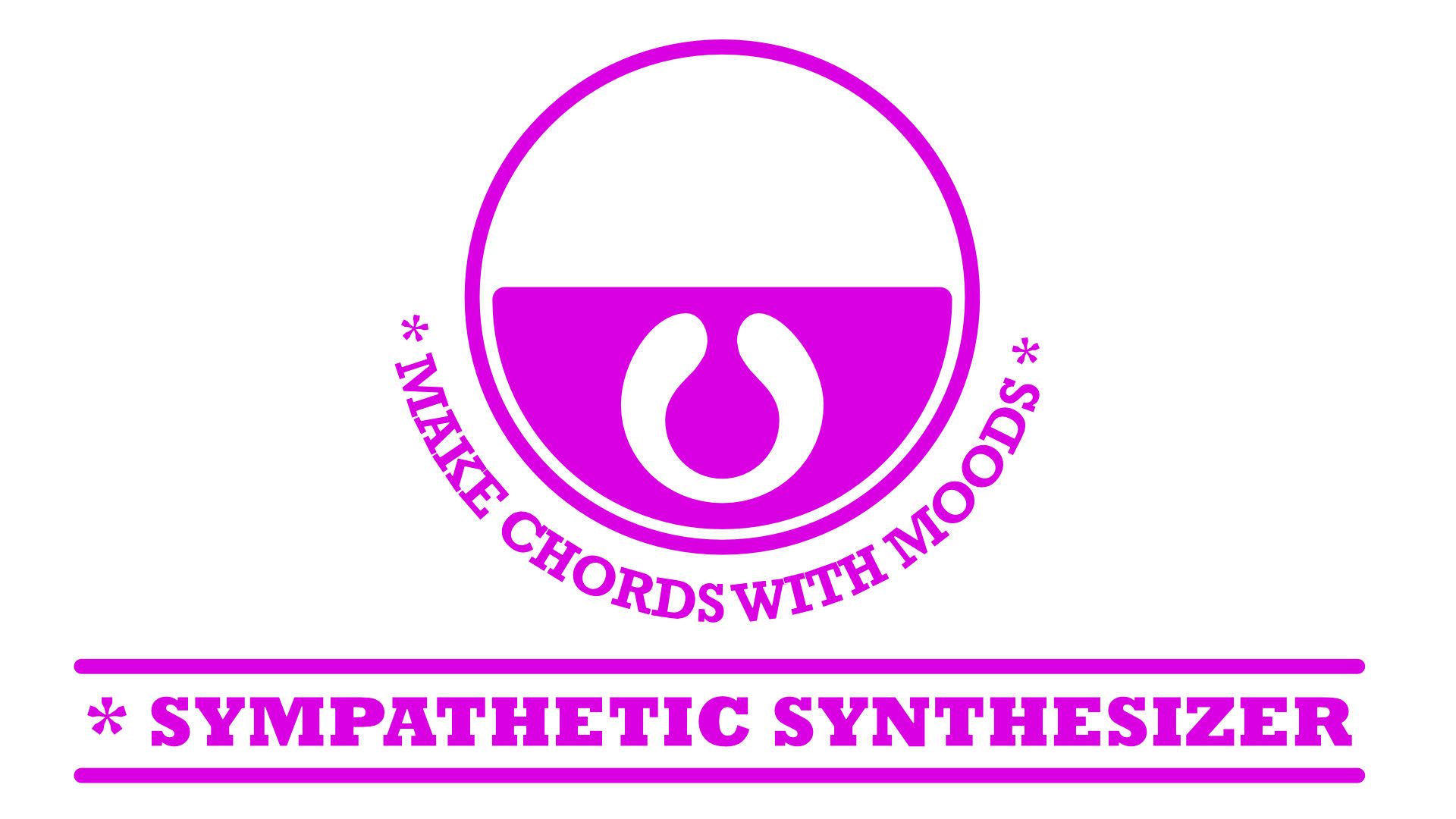 A circular logo with a stylized shape inside, surrounded by the text “* MAKE CHORDS WITH MOODS *.” Below, bold purple text reads “* SYMPATHETIC SYNTHESIZER *” with lines above and below on a white background.