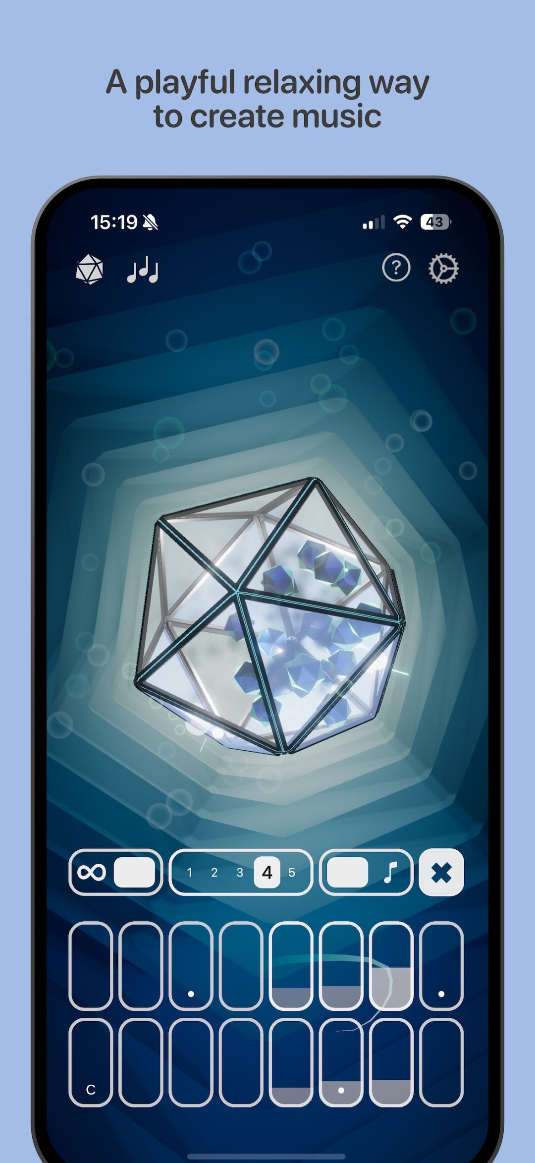 A smartphone screen shows a music creation app with a floating geometric 3D shape, blue background, and grid of musical notes below. Text above reads, A playful relaxing way to create music.