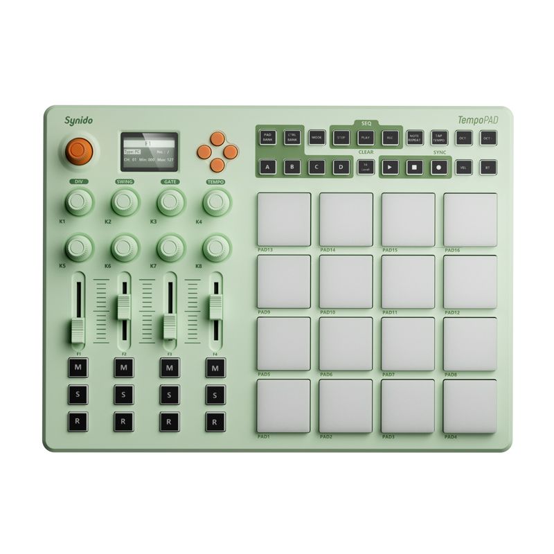 A mint green music production controller with 16 large square pads, four sliders, four knobs, an LCD screen, and various buttons labeled for sampling and sequencing functions.