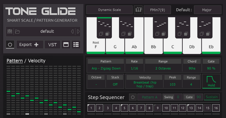 Screenshot of the Tone Glide software interface showing a virtual keyboard, pattern editor, step sequencer, and various musical settings for scale, chord, and velocity adjustments.