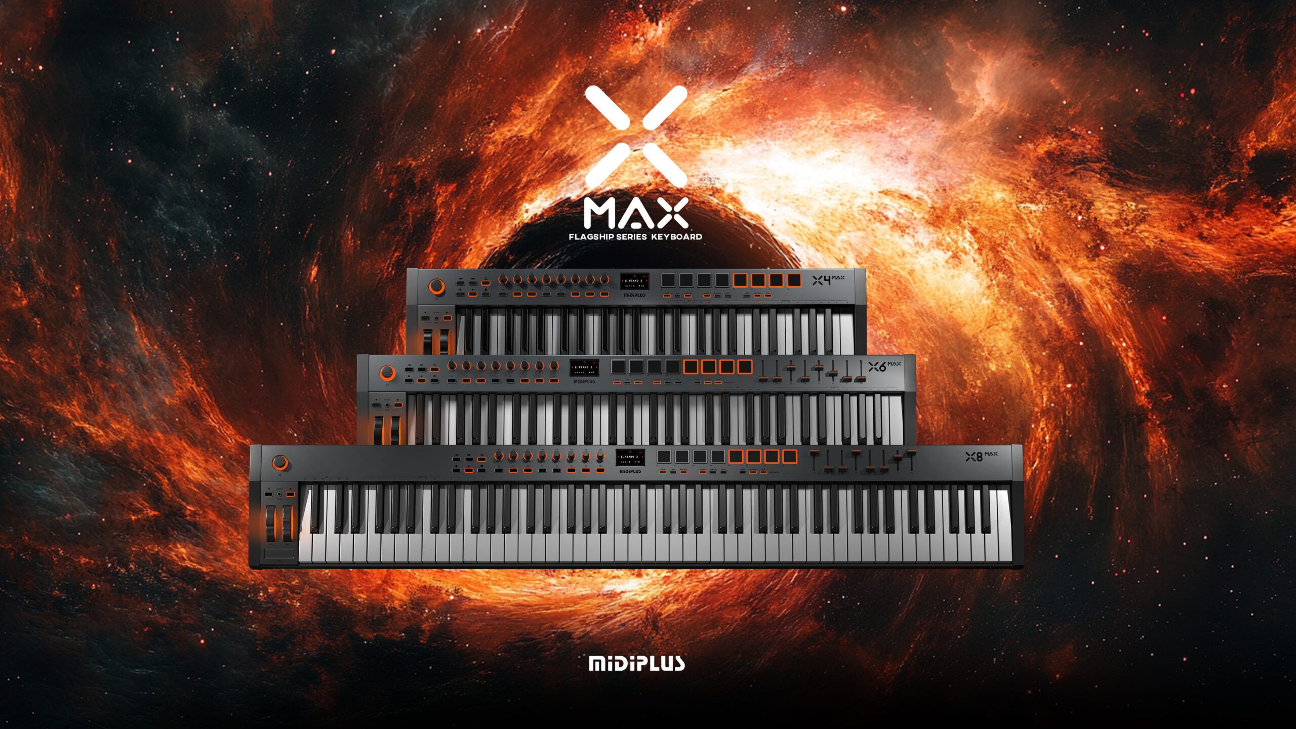 Three black MIDI keyboard controllers with orange details are shown stacked in front of a dramatic orange and black space background, with X MAX Flagship Series Keyboards and midiplus logos above and below the keyboards.