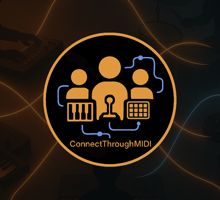 Circular logo with three orange figures connected by blue lines, each holding a MIDI device like a keyboard and pad controller. Text below reads ConnectThroughMIDI on a dark background with music equipment silhouettes.