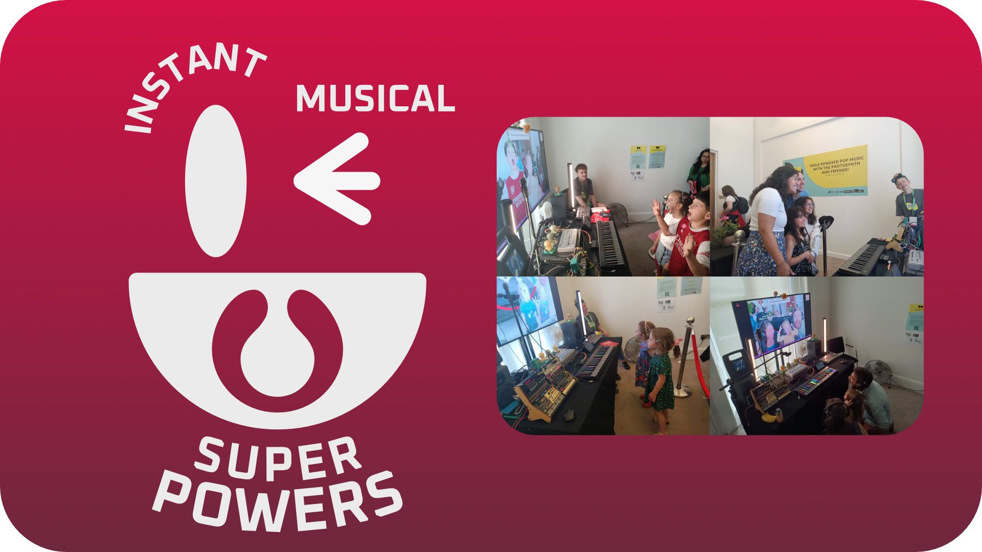 A graphic features Instant Musical Super Powers text with abstract shapes on the left, and four photos on the right showing people interacting with music equipment in a room. The background is a red gradient.