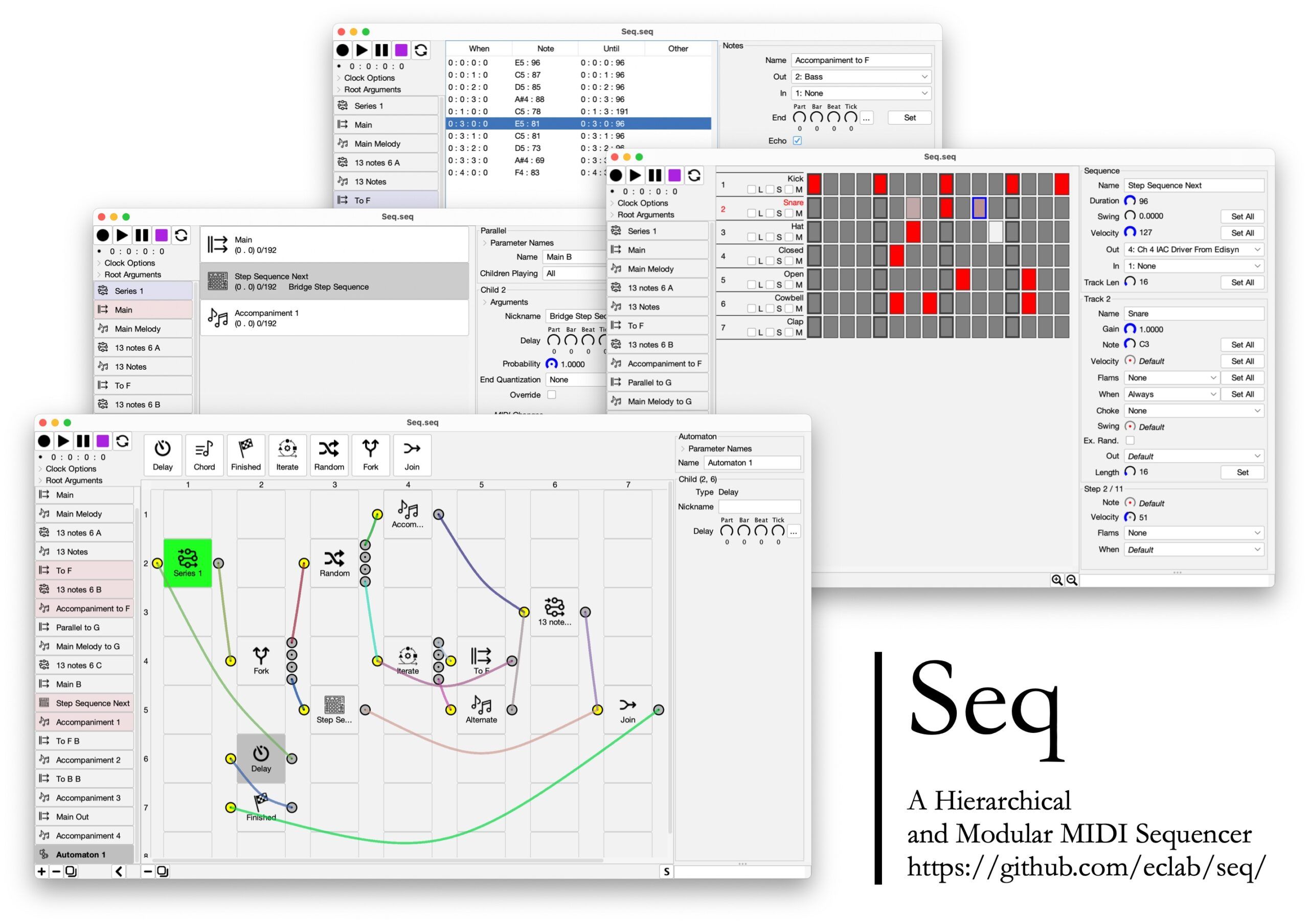 Screenshot collage of a hierarchical modular MIDI sequencer software interface, showing various controls, sequence grids, automation paths, and modular patching panels. Text: Seq—A Hierarchical and Modular MIDI Sequencer.