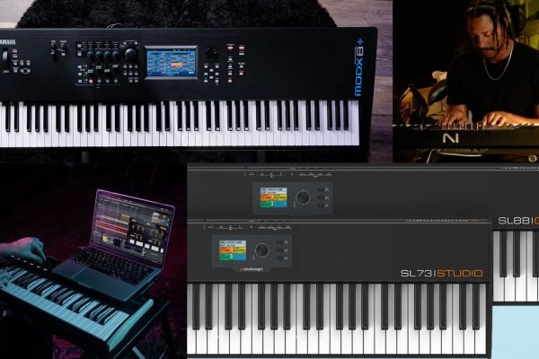 A collage of keyboards and synthesizers: a Yamaha MODX8+, two Studiologic SL series controllers, a person playing a Nord keyboard, and another using a laptop connected to a MIDI keyboard.