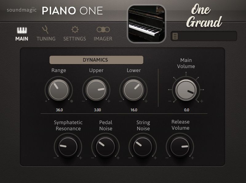 Screenshot of a digital piano plugin interface labeled “Piano One.” It shows controls for dynamics, volume, resonance, pedal noise, string noise, and release volume, with various knobs and a small piano image.