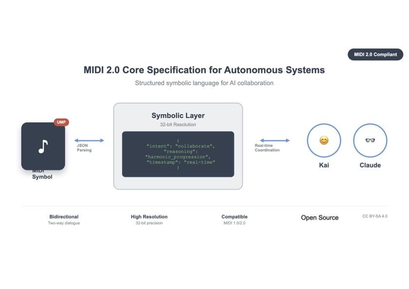 Diagram illustrating MIDI 2.0 Core for AI collaboration, showing JSON parsing of symbolic musical data, real-time communication between two AI agents named Kai and Claude, and key features of the protocol.