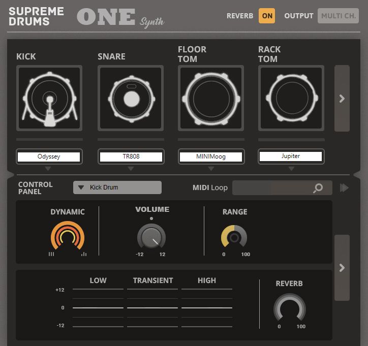 A digital drum machine interface shows controls for kick, snare, floor tom, and rack tom drums, with dials for dynamic, volume, range, and reverb adjustments, plus labeled drum sound presets below each drum.