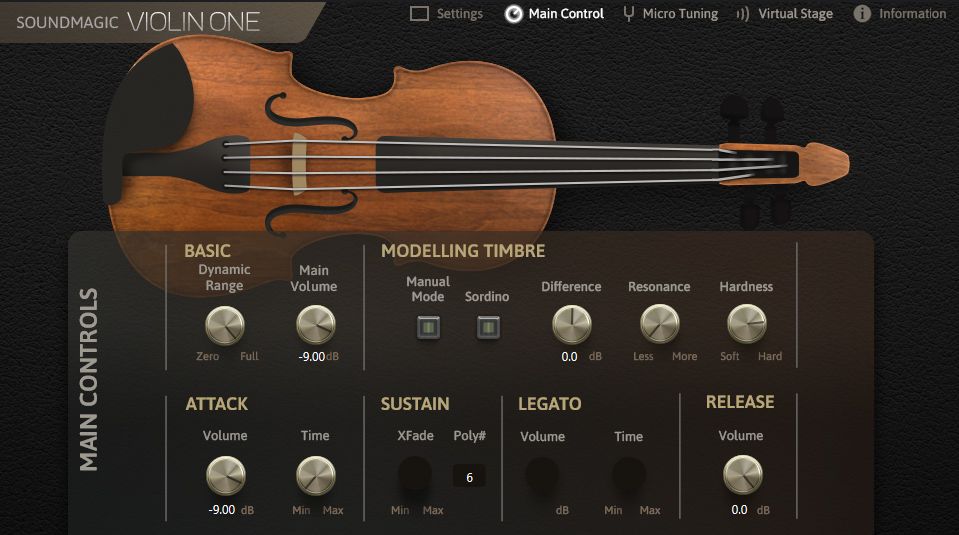 Digital interface for a virtual violin instrument, showing a violin graphic at the top and control knobs below for main volume, dynamic range, timbre, sustain, legato, and release settings.