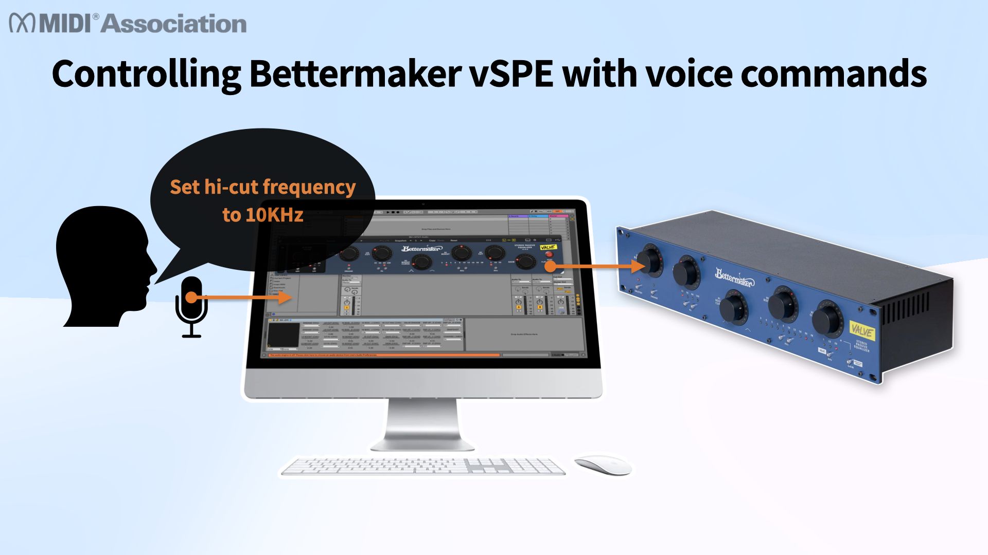A computer displays audio software as a voice command, “Set hi-cut frequency to 10KHz,” is spoken into a microphone. The software controls a blue Bettermaker vSPE audio processor on the right. MIDI Association logo appears above.