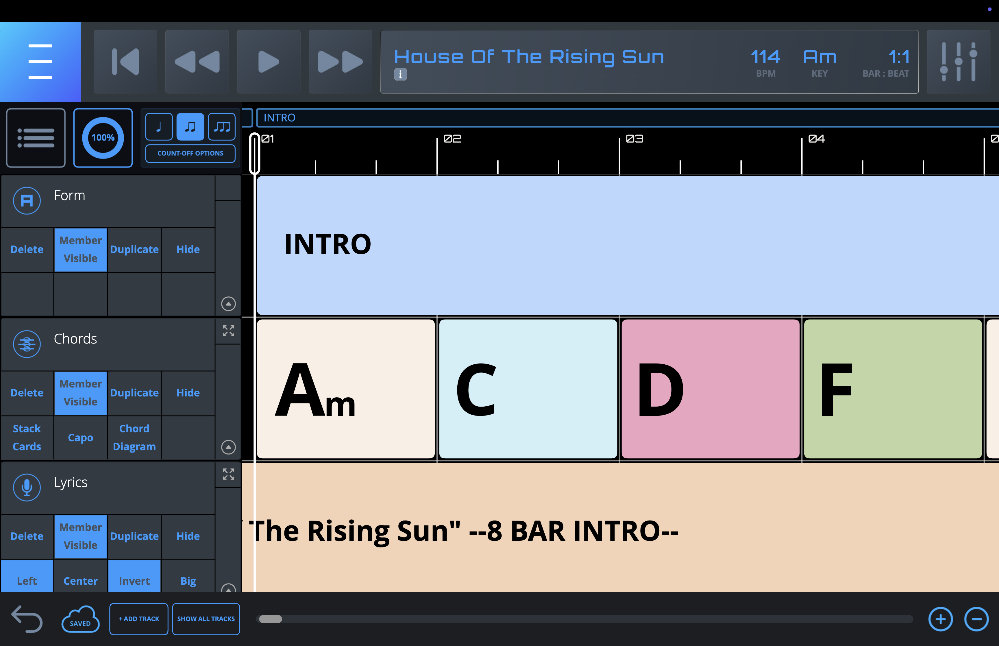 A digital music app displays the intro section of House of the Rising Sun with Am, C, D, and F chords shown in colored boxes. Options for form, chords, and lyrics editing are visible on the left side.