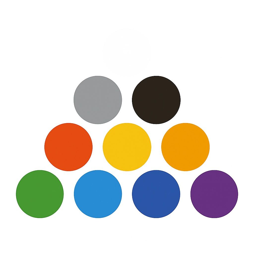 Nine colored circles arranged in a pyramid shape on a white background. The top row has one white circle, followed by rows of gray and black, red-orange-yellow, and lastly green-blue-navy-purple at the base.