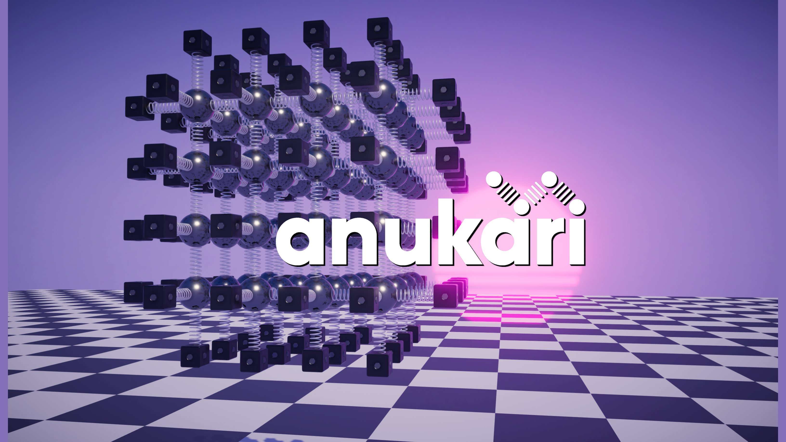 3D cubes connected in a grid float above a checkered floor with a purple gradient background. The word anukari with a logo is centered, glowing with pink and white light.