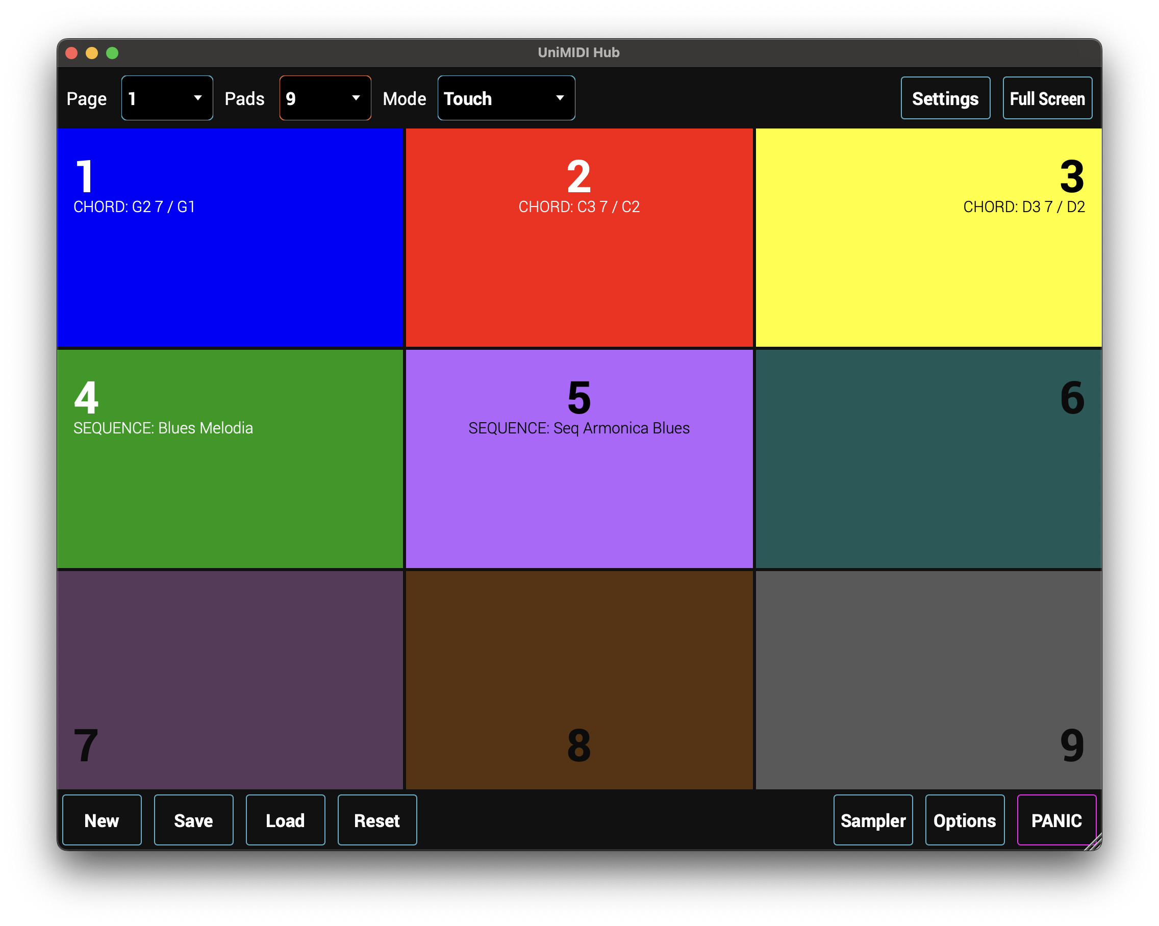 A 3x3 grid interface displays nine colored pads labeled with numbers and musical sequences or chords. There are control buttons below for New, Save, Load, Reset, Sampler, Options, and PANIC. Settings and Full Screen are at the top.