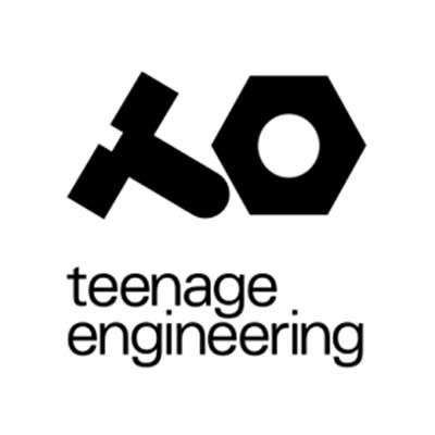 Logo with a black hammer and hex nut above the text teenage. engineering in lowercase, all on a white background.