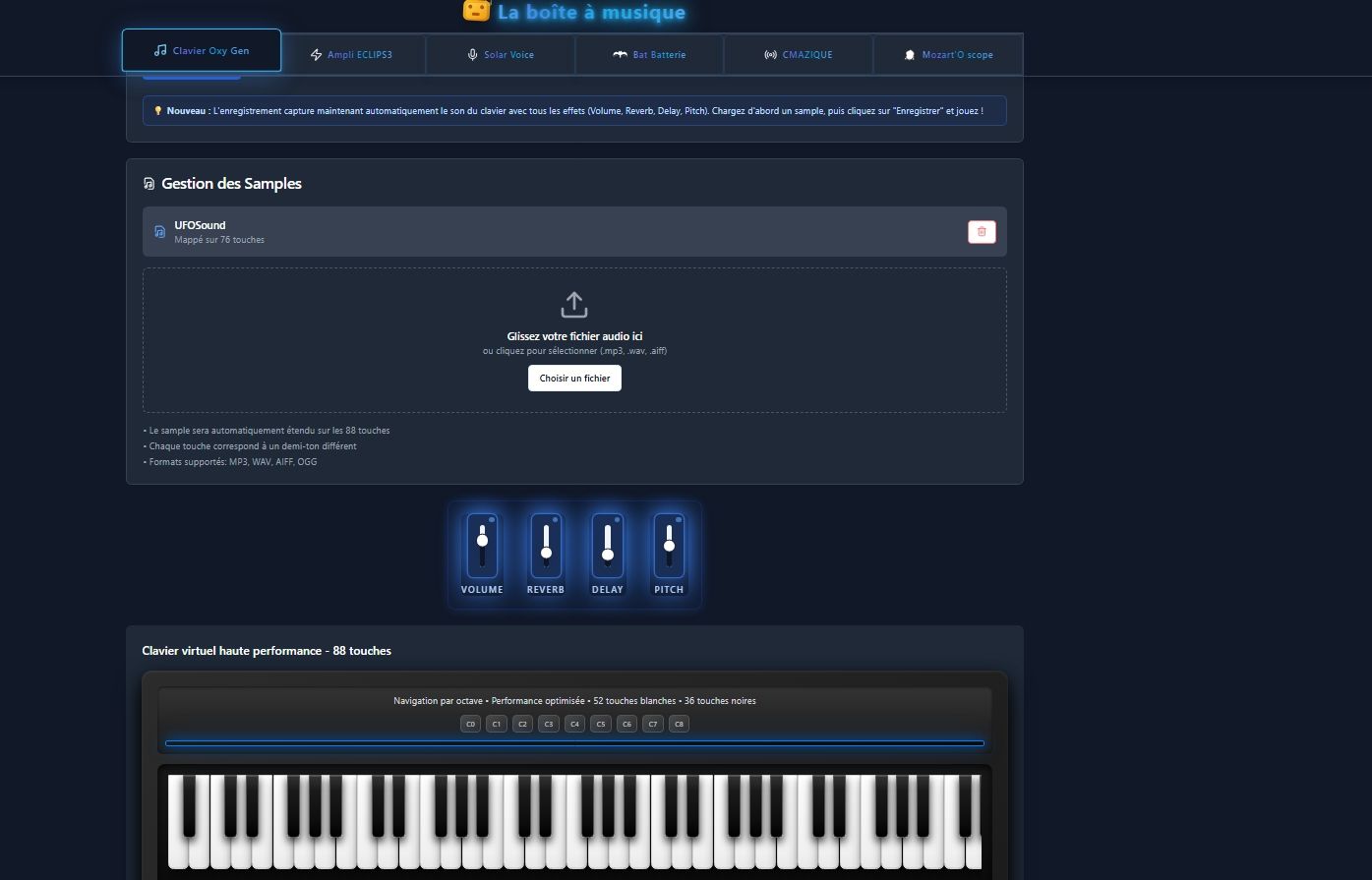 A dark-themed website interface for creating or uploading musical samples, featuring sample upload options, volume controls, and a virtual 88-key piano keyboard at the bottom. Text is in French.
