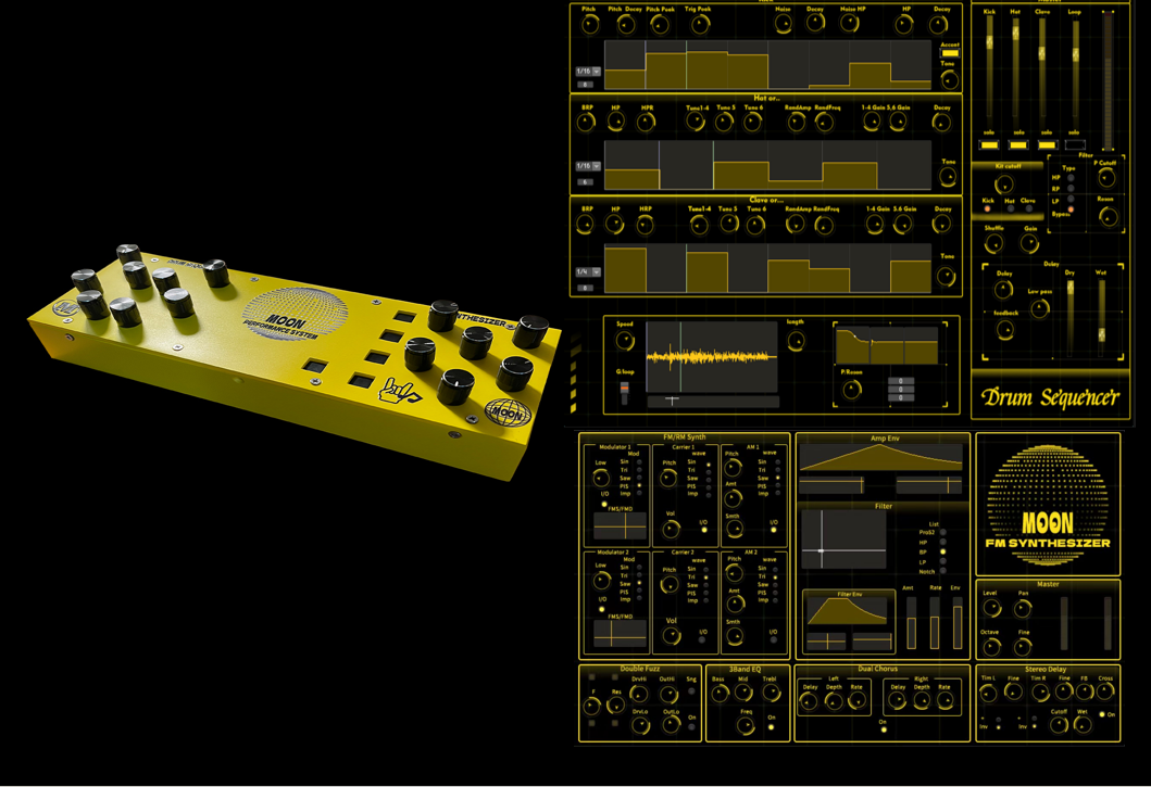 A yellow synthesizer device labeled MOON is shown on the left, with multiple knobs and buttons. On the right, several yellow and black interface panels display various synthesizer and drum sequencer controls.