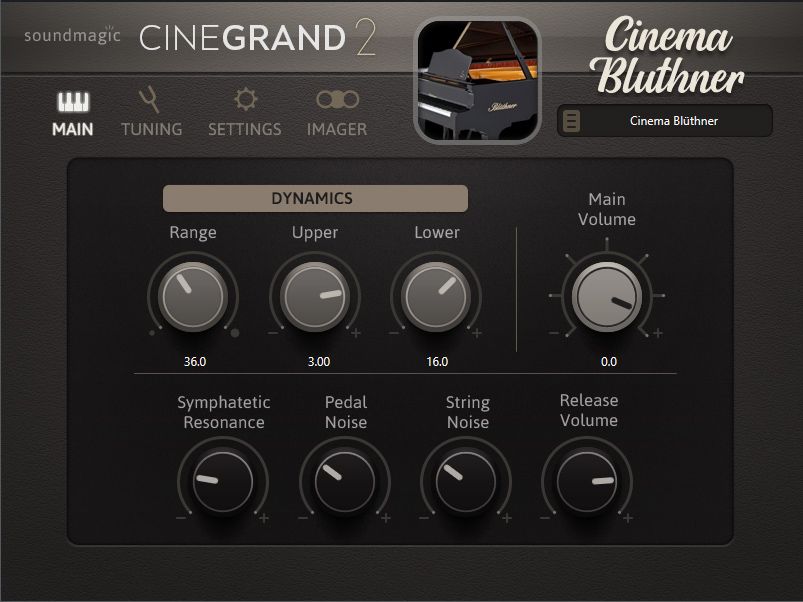 A software interface for Sound Magic Cinegrand 2 piano plugin is shown, featuring dials for dynamics, sympathetic resonance, pedal noise, string noise, release volume, and main volume. A piano image is displayed at the top right.