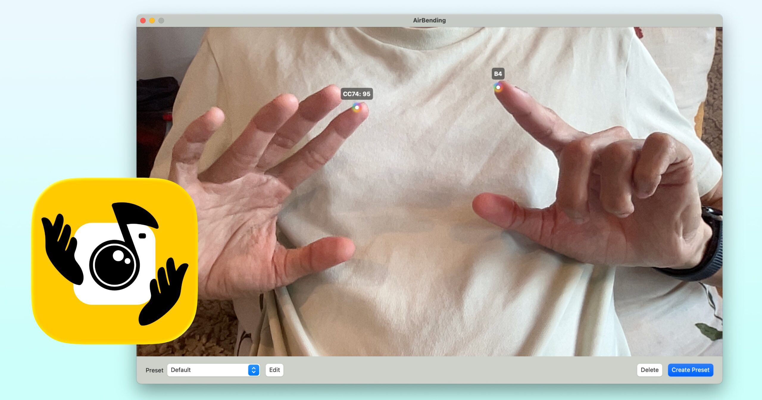 A person in a light shirt holds their hands up, with finger tips labeled CCH1: 95 and D#1. An app interface and a music note camera logo with hands are also visible.