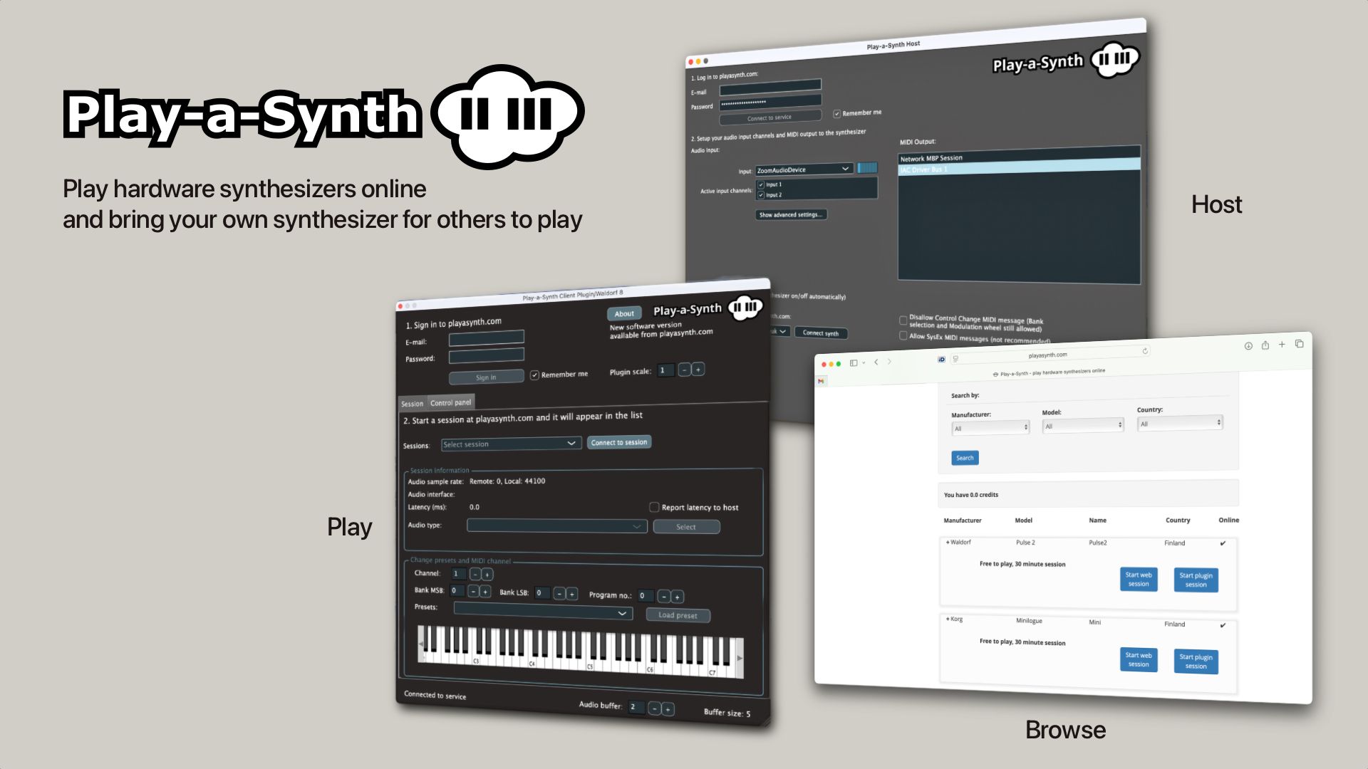 Three screenshots of the Play-a-Synth website showing features to host, play, and browse online hardware synthesizers, with a logo and tagline: Play hardware synthesizers online and bring your own synthesizer for others to play.