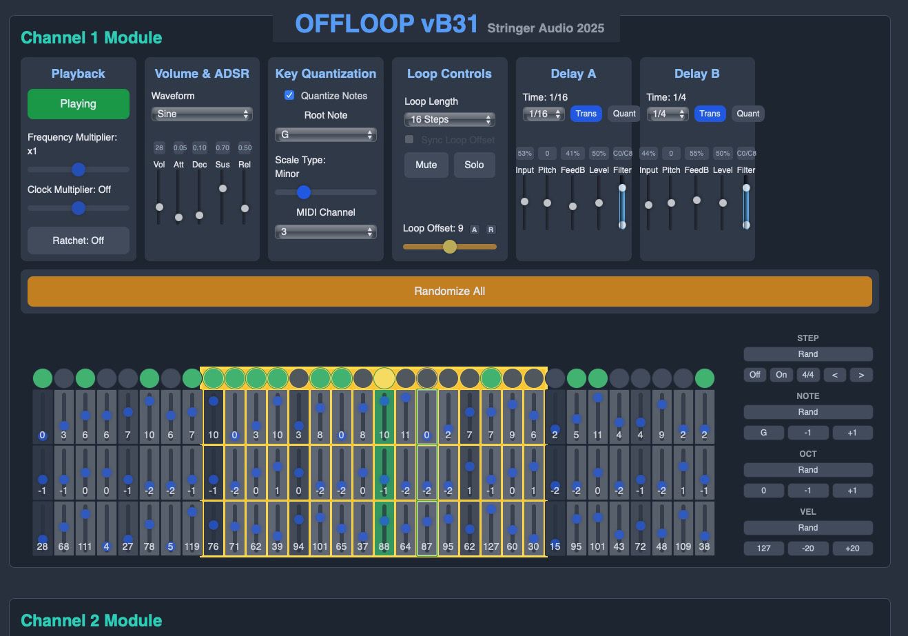Screenshot of an audio loop sequencer interface called OFFLOOP vB31, showing various control modules, sliders, buttons, a step sequencer grid, and adjustable parameters for sound manipulation.